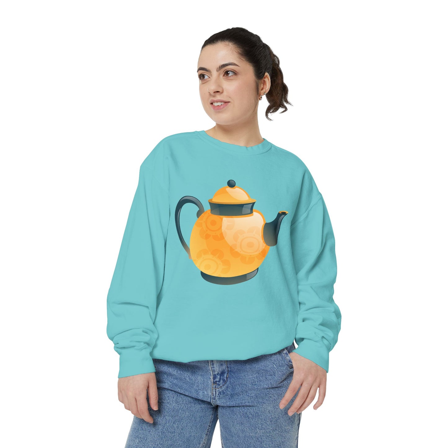 Unisex Garment-Dyed Sweatshirt - Classic British Tea Kettle - Timeless Elegance in Tea Time