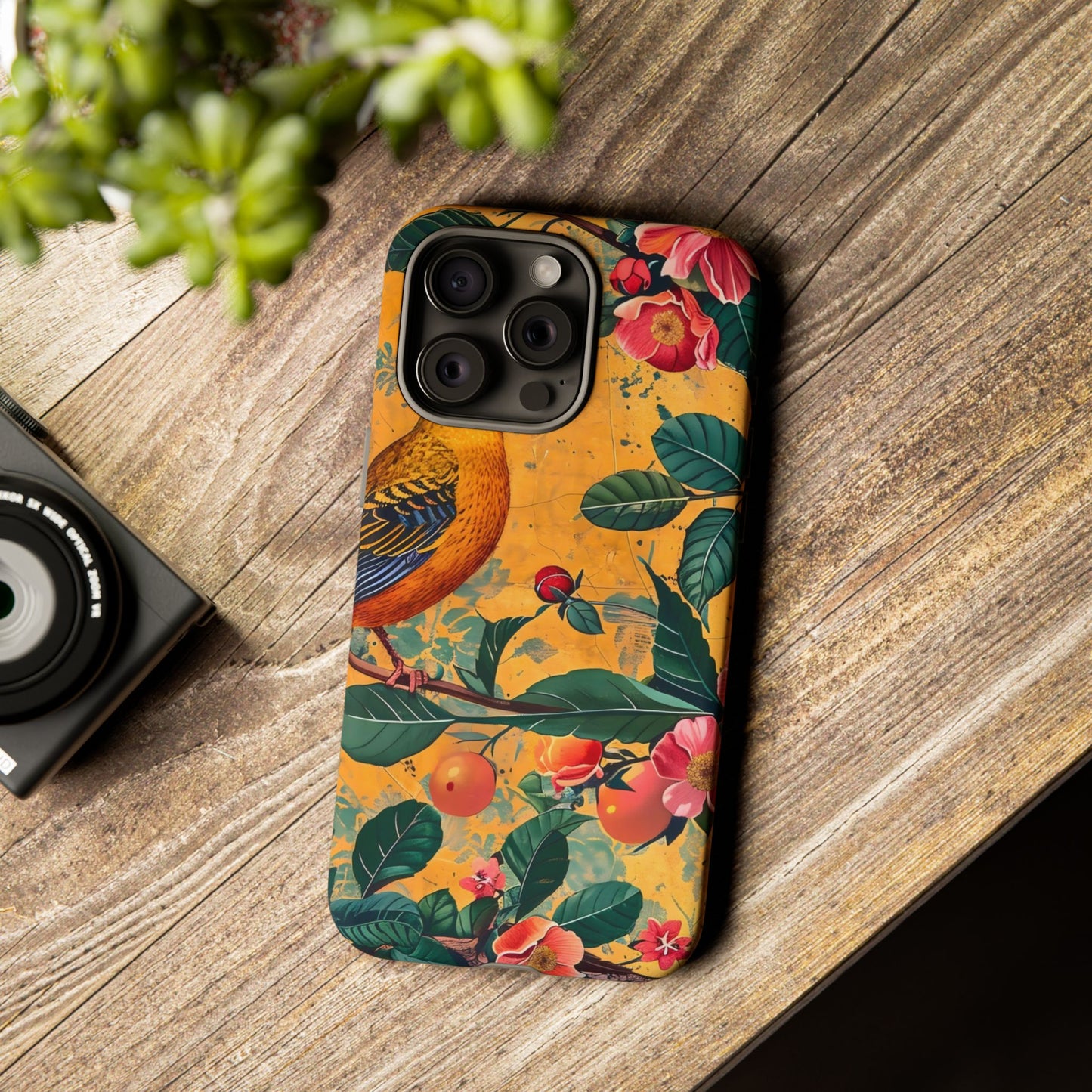 Colorful Floral Phone Case, Tough Cases, Nature-Inspired, Bird Design, Eco-Friendly Gift, Phone Protector for Spring
