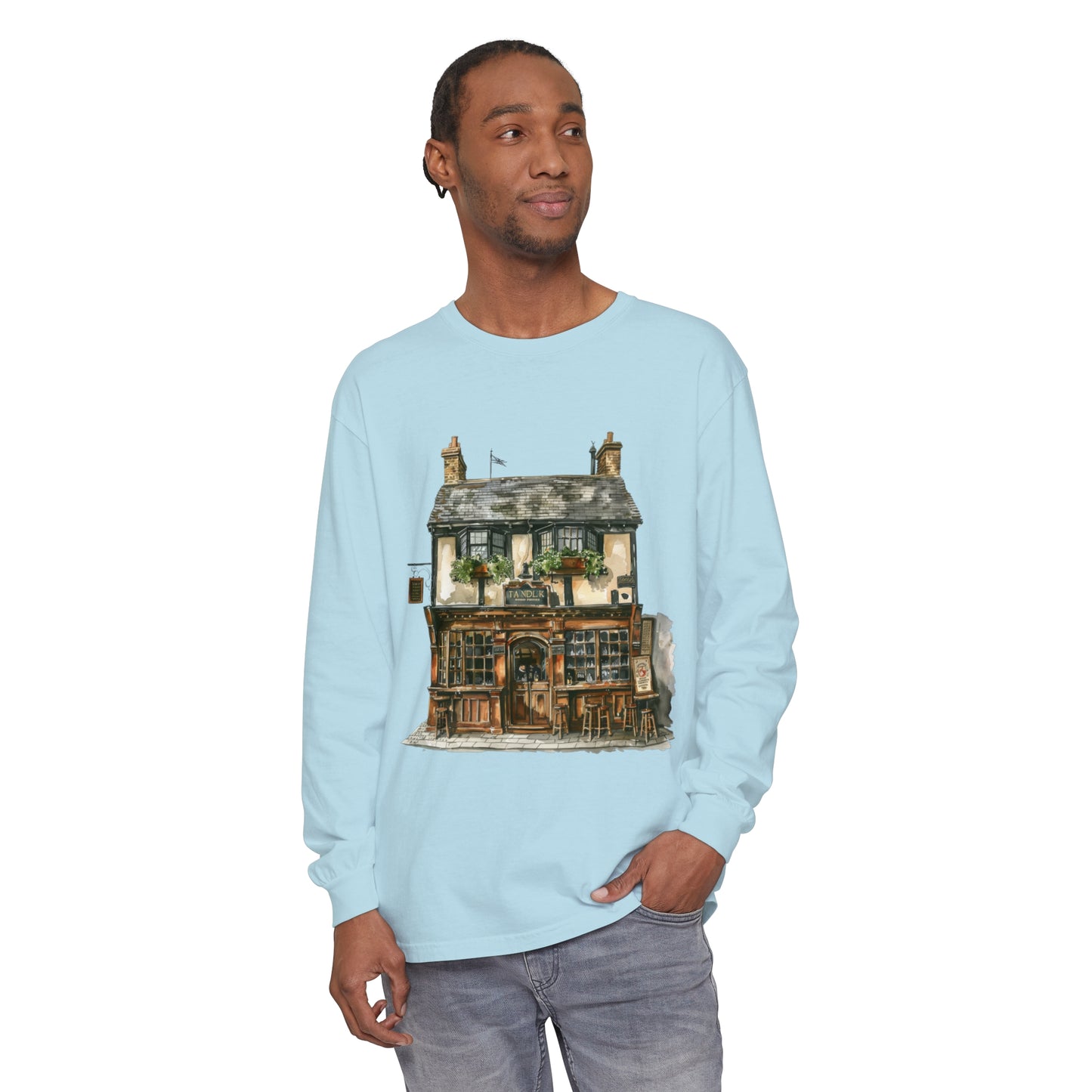 Unisex Garment-dyed Long Sleeve T-Shirt - Charming British House - Classic Design and Warmth