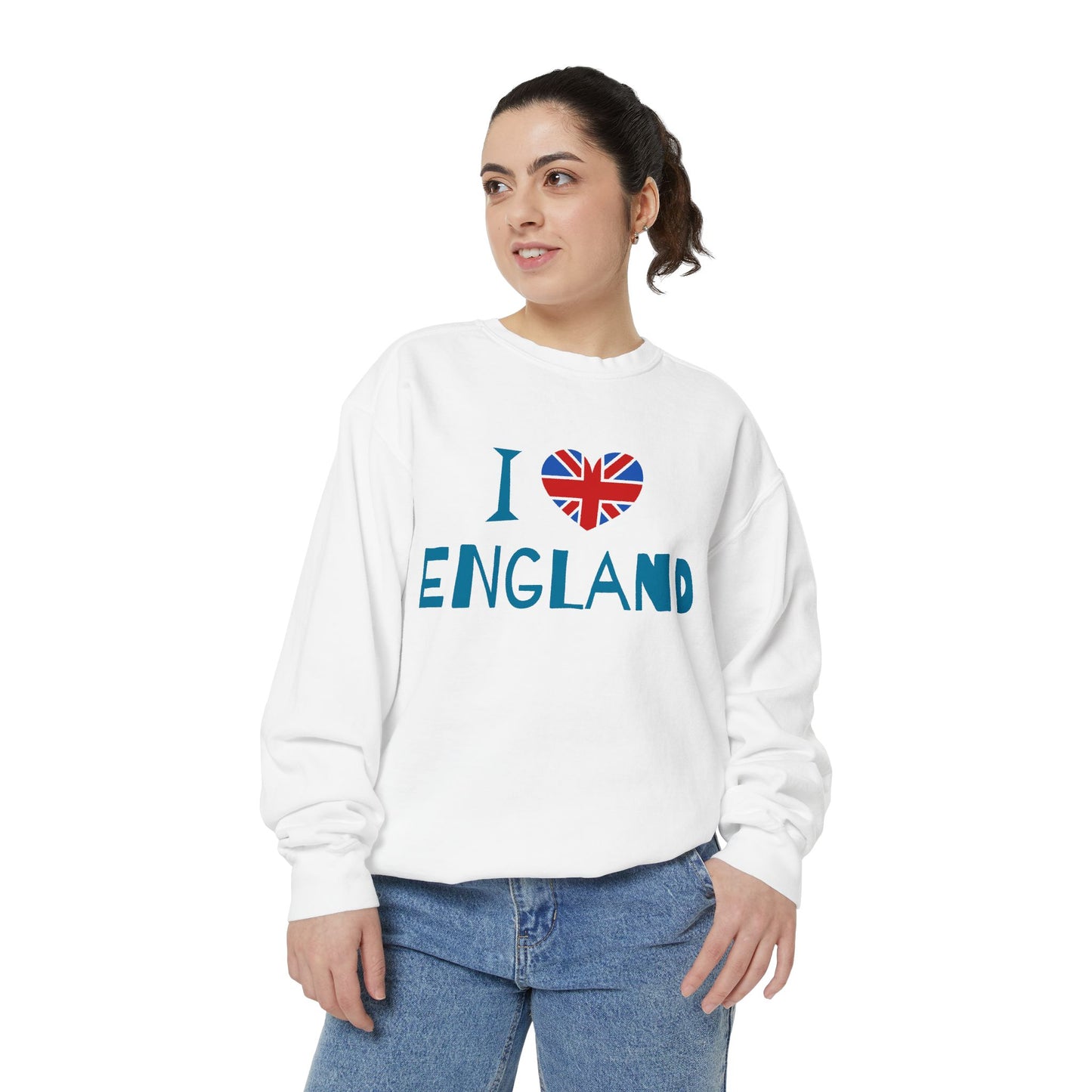 Unisex Garment-Dyed Sweatshirt - I Love England - Union Jack Heart Design