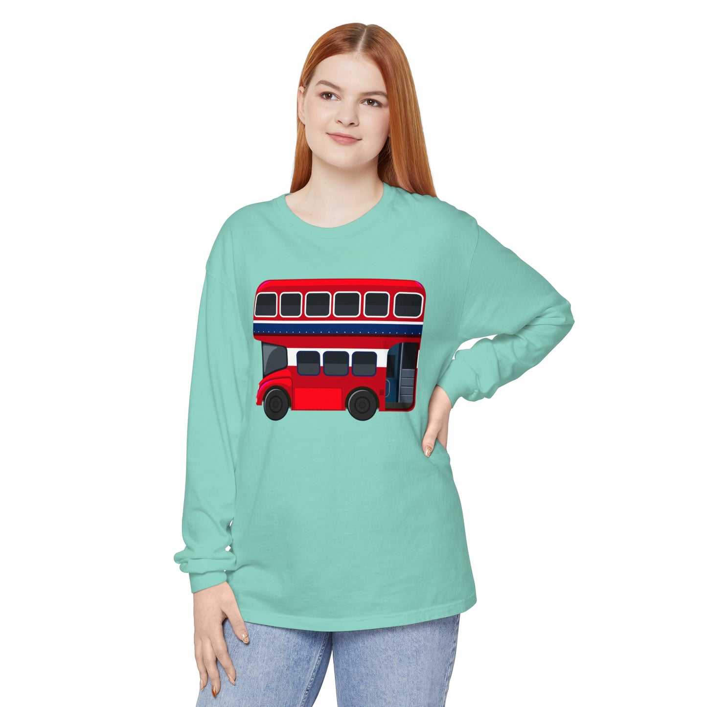Unisex Garment-dyed Long Sleeve T-Shirt - The Heart of London - Iconic Double-Decker Buses