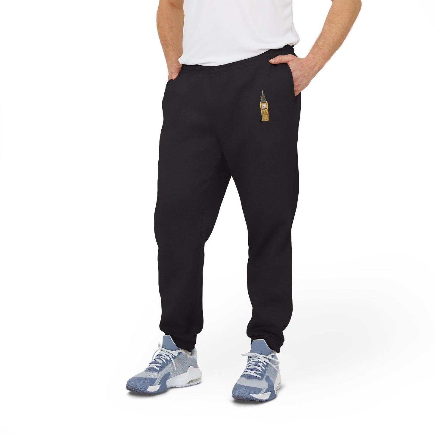 adidas Unisex Fleece Joggers with Classic Logo - Big Ben Tower Watercolor Art Print -  Perfect for Athleisure & Everyday Comfort