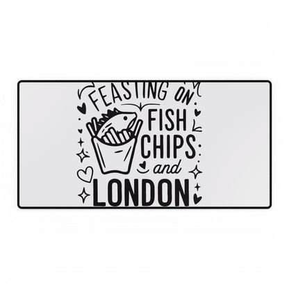 London-Themed Desk Mat - 'Feasting on Fish, Chips, and London' - Fun Office Decor, Gift for Food Lovers, Computer Accessories