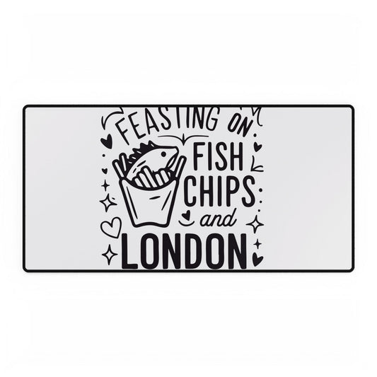 London-Themed Desk Mat - 'Feasting on Fish, Chips, and London' - Fun Office Decor, Gift for Food Lovers, Computer Accessories