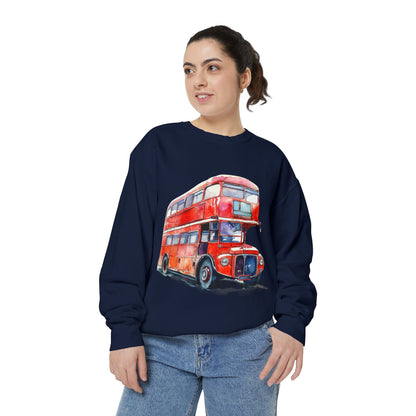 Unisex Garment-Dyed Sweatshirt - Timeless Transit - The Iconic Red Bus of Britain