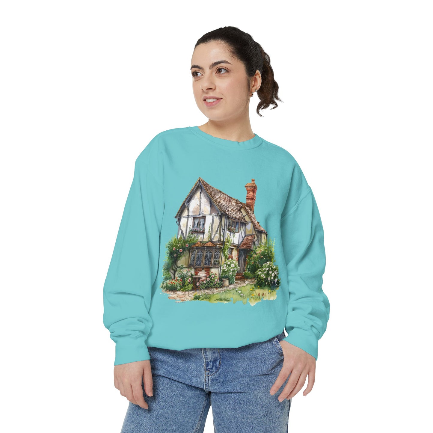 Unisex Garment-Dyed Sweatshirt - Nestled in Nature - British Village House Elegance