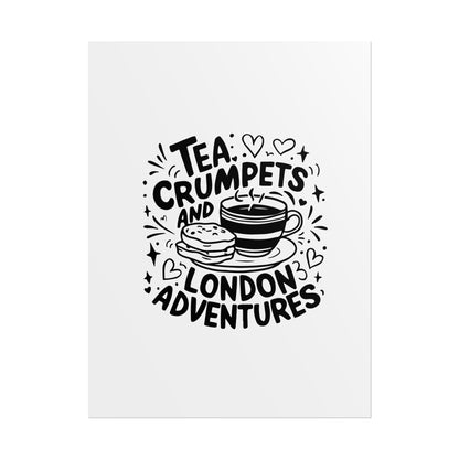 London Adventure Tea Crumpet Rolled Poster, Cute Wall Art, Gift for Tea Lovers, Home Decor, Travel Enthusiasts