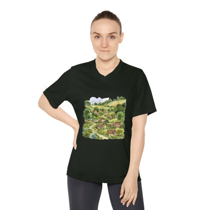 Women's Performance V-Neck T-Shirt - Cozy Countryside Design for Nature Lovers