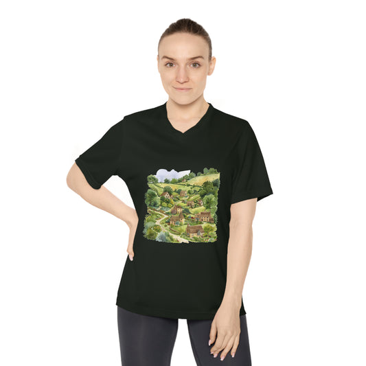 Women's Performance V-Neck T-Shirt - Cozy Countryside Design for Nature Lovers