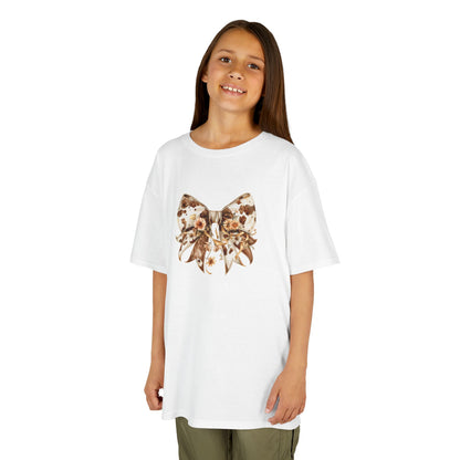 Kids Heavy Cotton Tee –  Rustic Cow Print Bow with Wildflowers Clipart - Cute and Comfy for Special Occasions