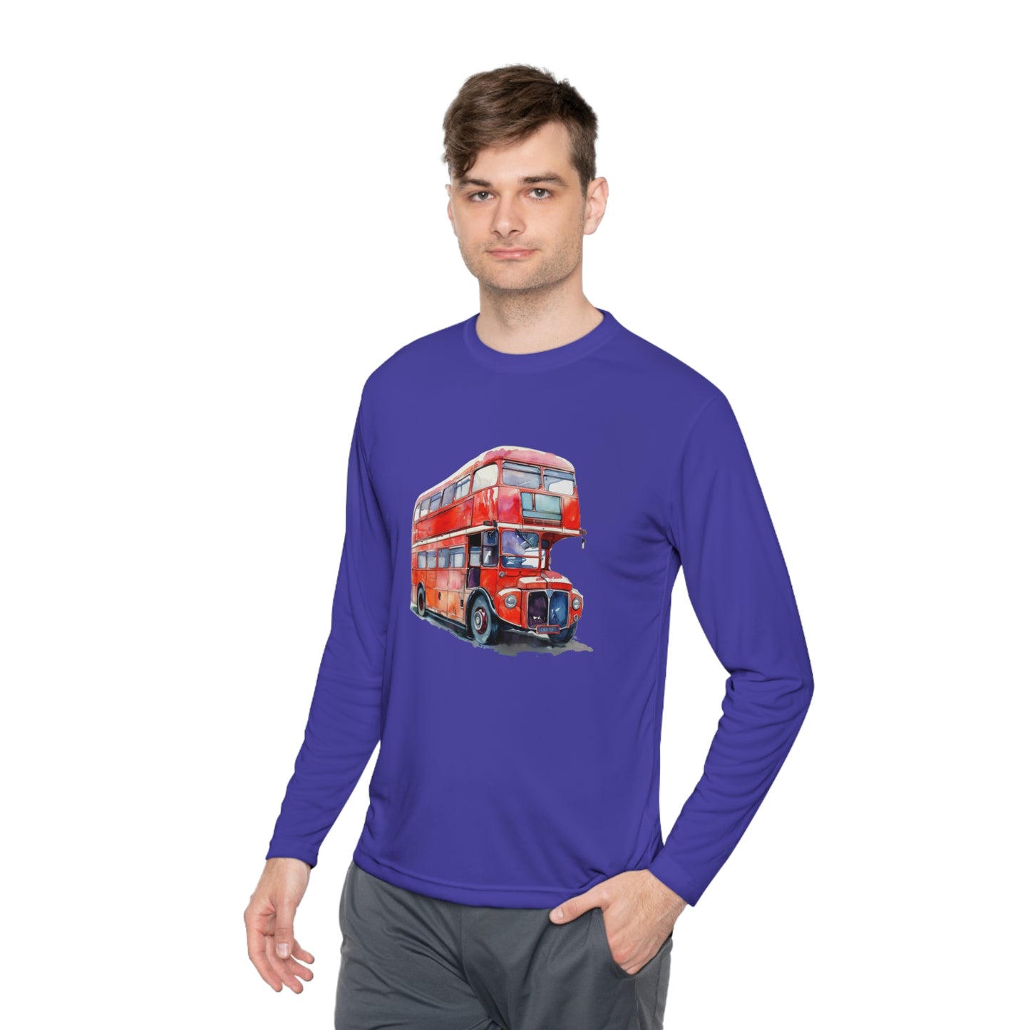 Unisex Lightweight Long Sleeve Tee - London Transport English Bus - Iconic Red Double-Decker Bus
