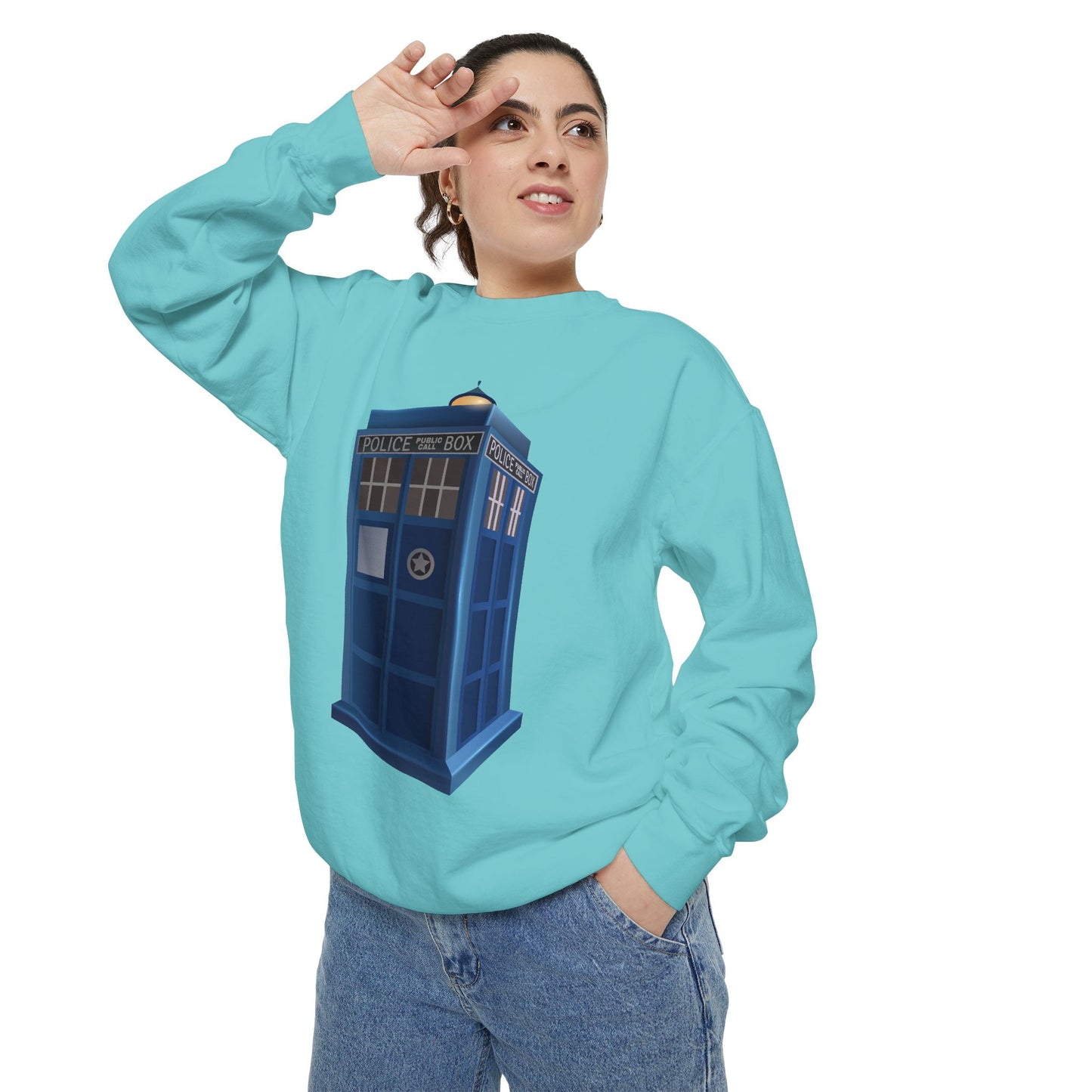 Unisex Garment-Dyed Sweatshirt - British Police Public Call Box - Iconic TARDIS Design