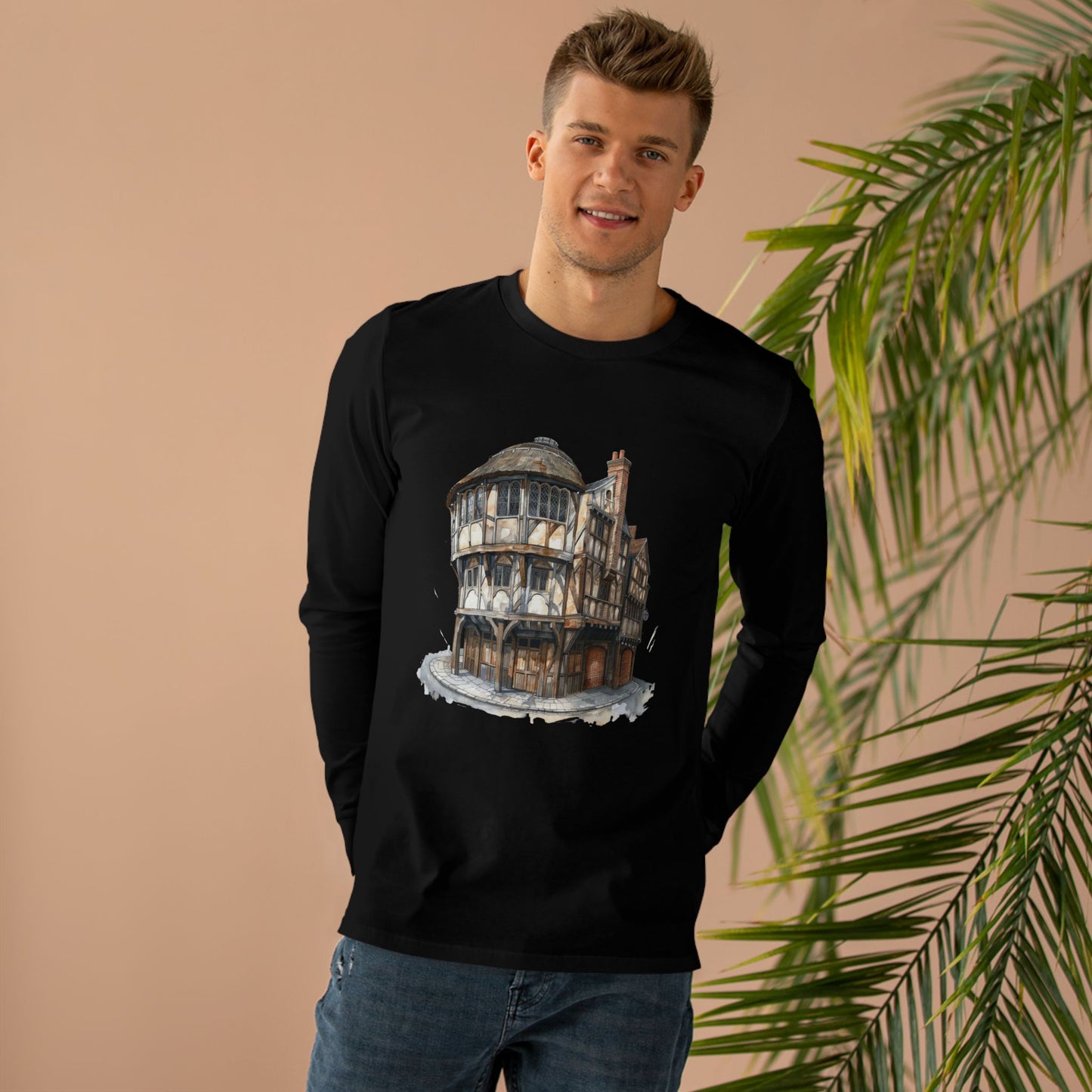 Men’s Base Longsleeve Tee - London Pub Interior - Cozy British Tavern