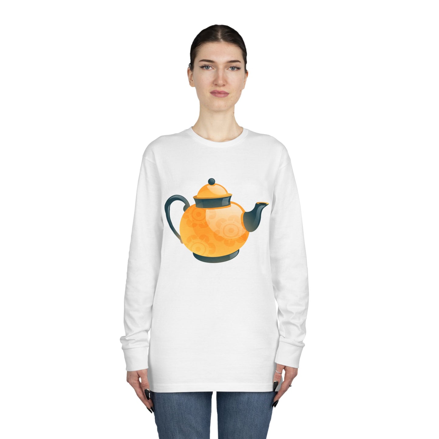 Long Sleeve Crewneck Tee - Classic British Tea Kettle - Timeless Elegance in Tea Time