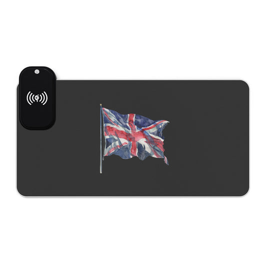 Waving Union Jack – UK Patriot Pride - LED Gaming Mouse Pad with Wireless Charging - British Flag Design, Desk Accessory, Gamer Gift, Home Office Decor, Tech Gadget