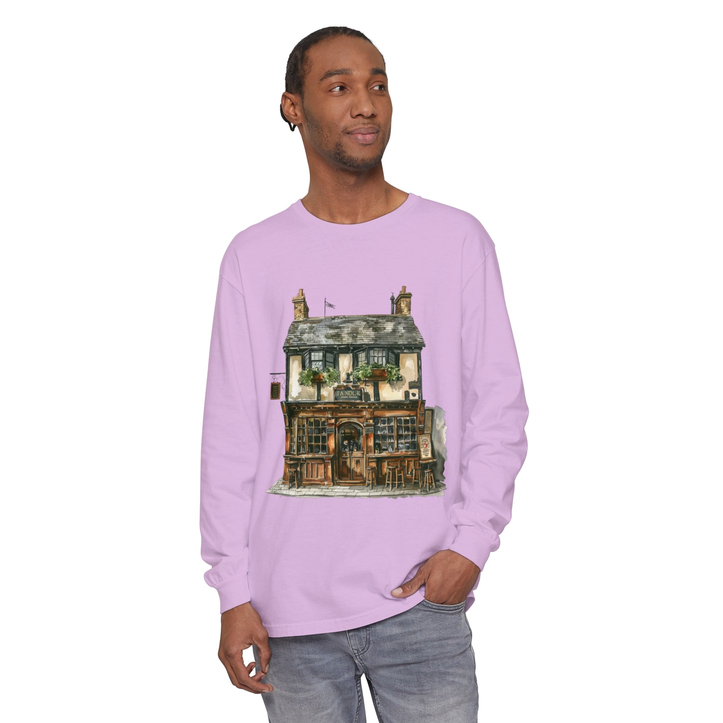 Unisex Garment-dyed Long Sleeve T-Shirt - Charming British House - Classic Design and Warmth