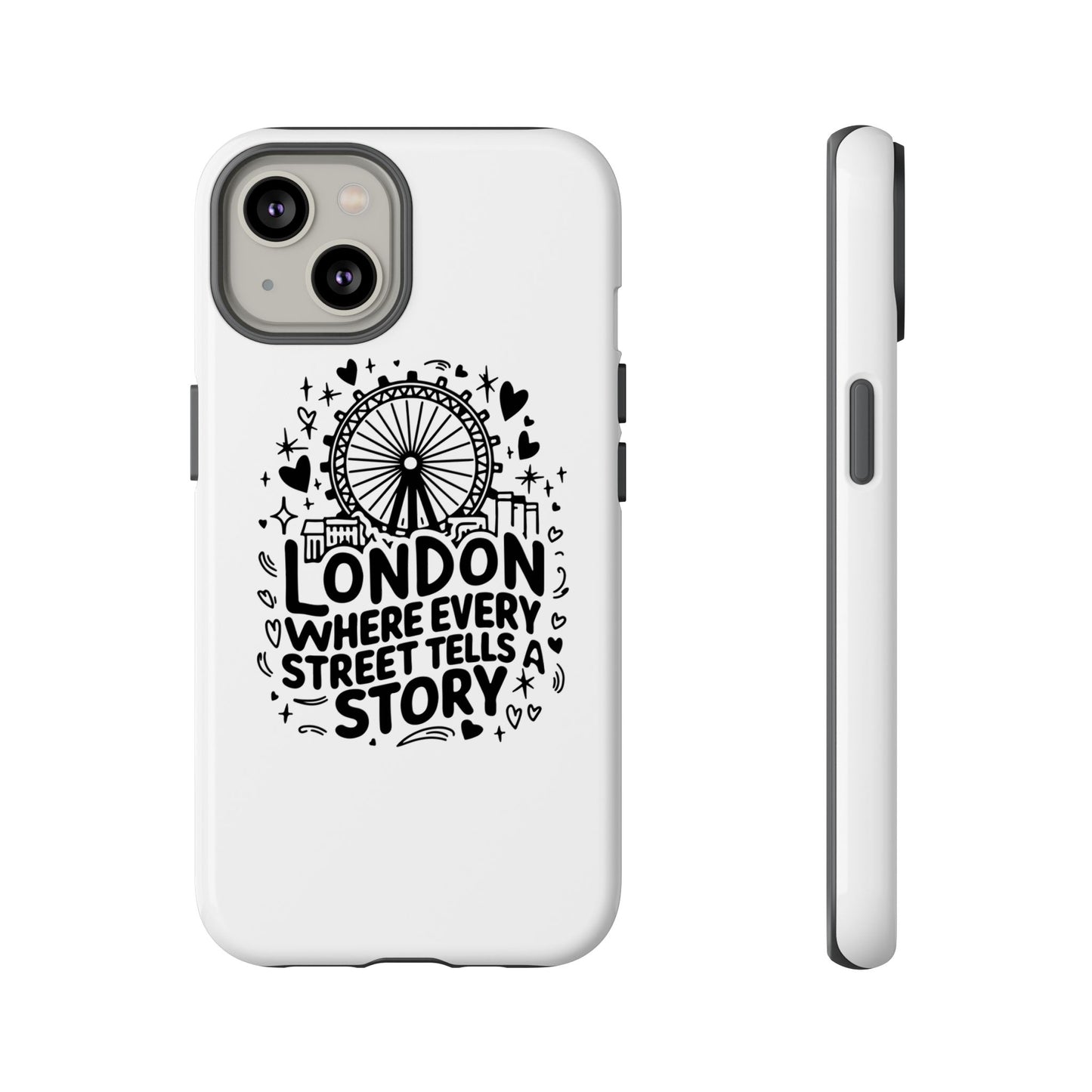 London Story Phone Case, Tough iPhone Cover, Gift for Travelers, London Souvenir, Black Typography Design