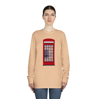 Long Sleeve Crewneck Tee - Iconic British Public Telephone - Classic Red Phone Box Design