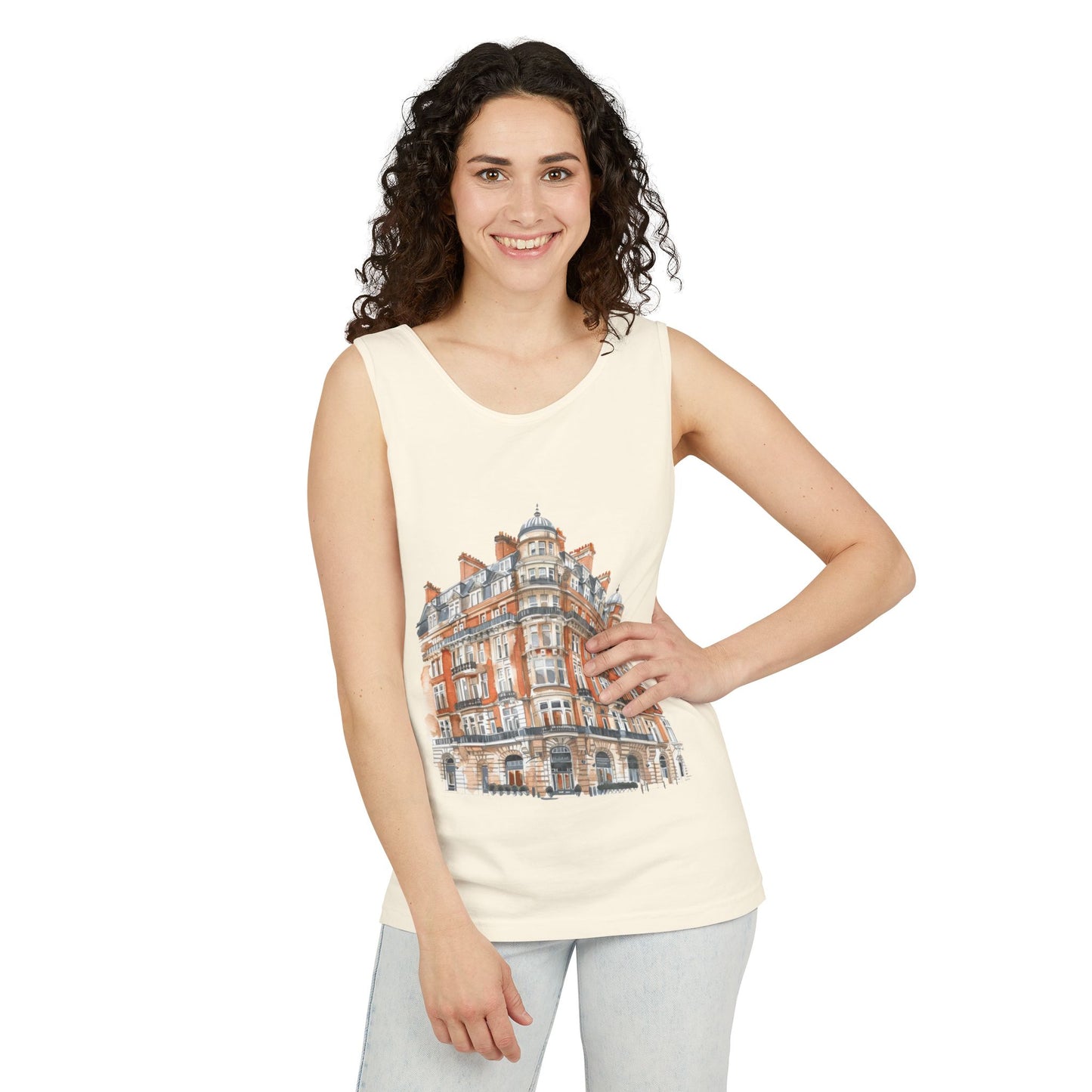 Unisex Garment-Dyed Tank Top - British Vintage Building - Architectural Charm