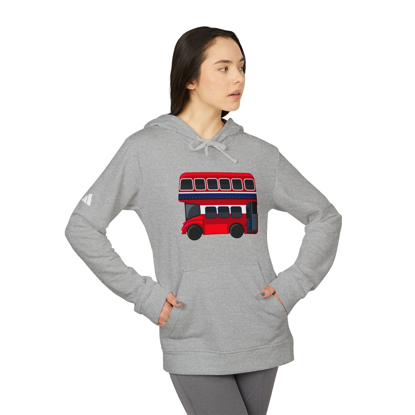 Adidas Unisex Fleece Hoodie with London Bus Design - Cozy Streetwear for Travel Lovers