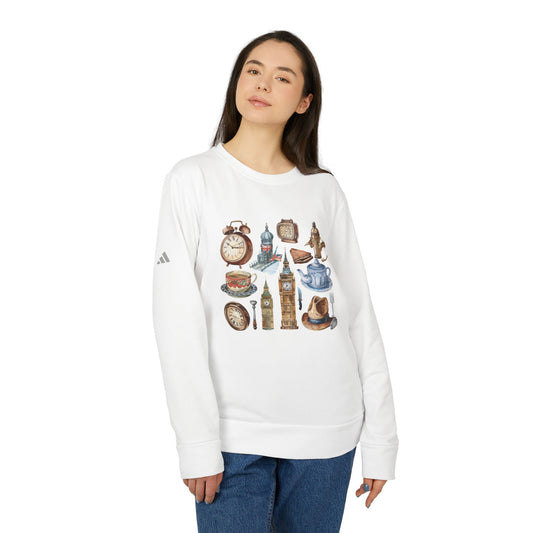 Adidas Unisex Fleece Crewneck Sweatshirt - Vintage England's Travel Icons Design