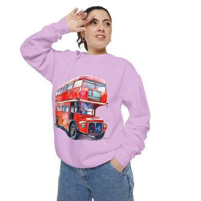 Unisex Garment-Dyed Sweatshirt - Timeless Transit - The Iconic Red Bus of Britain