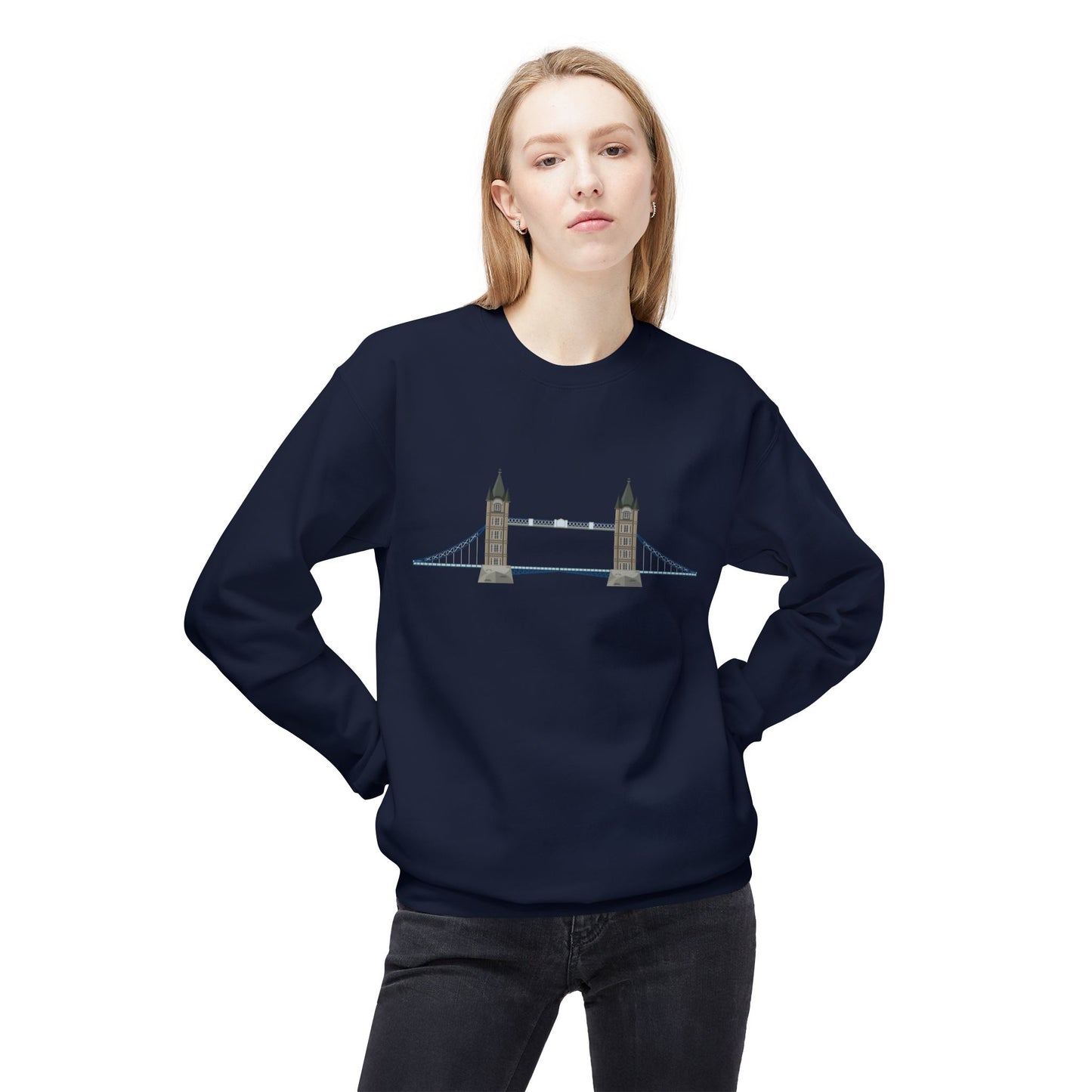 Unisex Midweight Softstyle Fleece Crewneck Sweatshirt - Tower Bridge - Iconic London Landmark Illustration