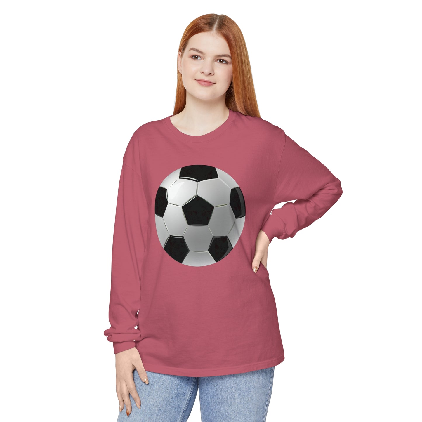 Unisex Garment-dyed Long Sleeve T-Shirt - Dynamic Football Design - Sports Passion and Energy