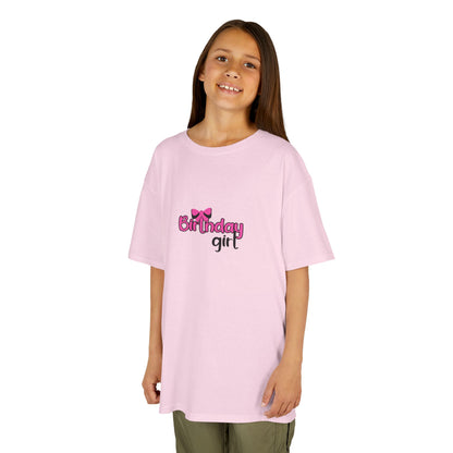 Kids Heavy Cotton Tee -Girly Birthday Girl with Leopard Rainbow Clipart -  Fun & Festive T-Shirt for Celebrating Special Days