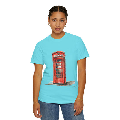Unisex Garment-Dyed T-shirt - Iconic British Public Telephone - Classic Red Phone Box Design
