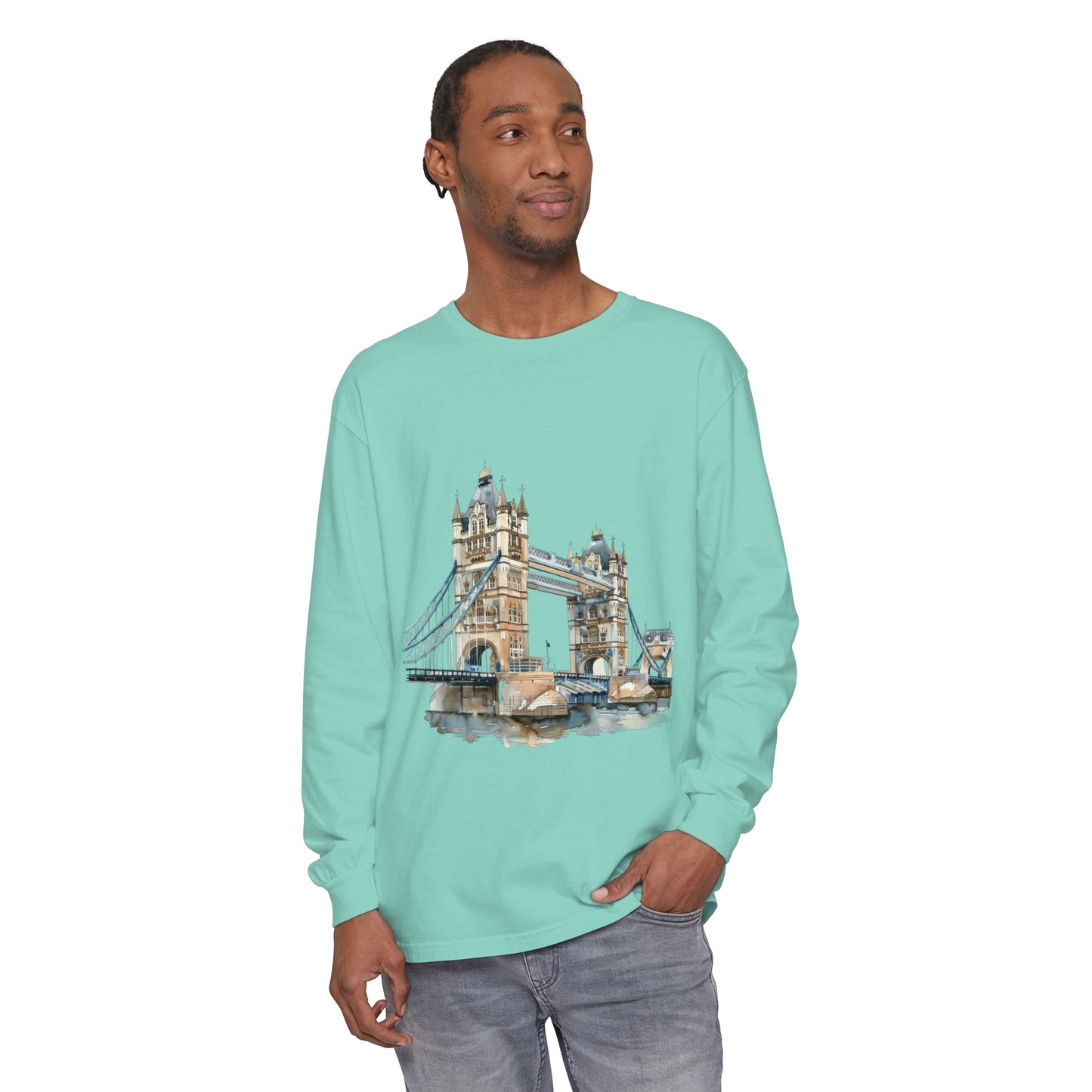 Unisex Garment-dyed Long Sleeve T-Shirt - Tower Bridge - Iconic London Landmark