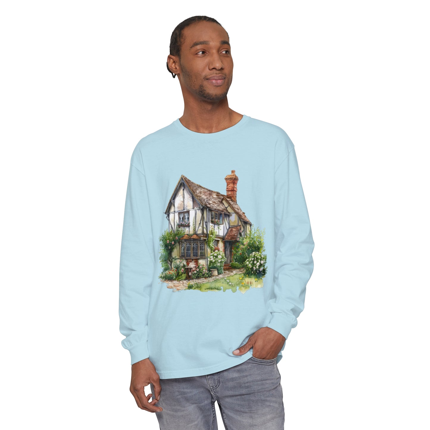 Unisex Garment-dyed Long Sleeve T-Shirt - Charming British House - Classic Design and Warmth