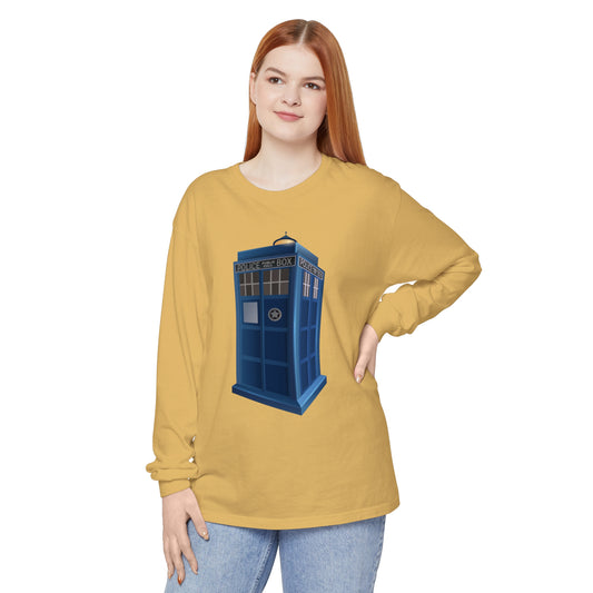 Unisex Garment-dyed Long Sleeve T-Shirt - British Police Public Call Box - Iconic TARDIS Design