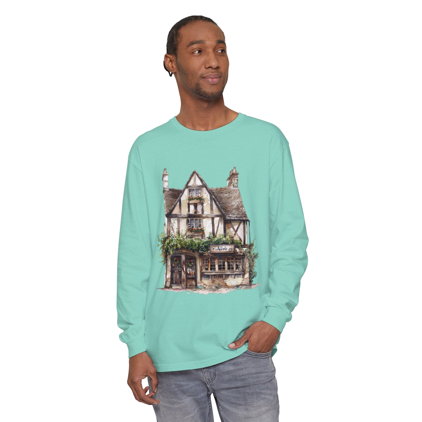 Unisex Garment-dyed Long Sleeve T-Shirt - Charming British House - Classic Design and Warmth