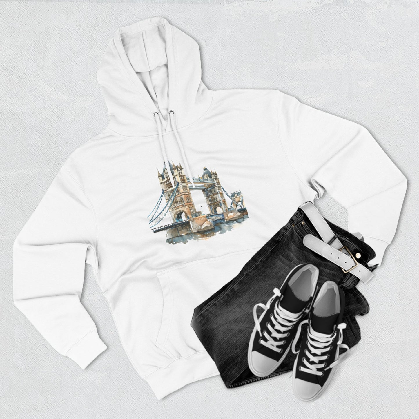 Three-Panel Fleece Hoodie - London Bridge - Iconic Landmark and Historical Beauty