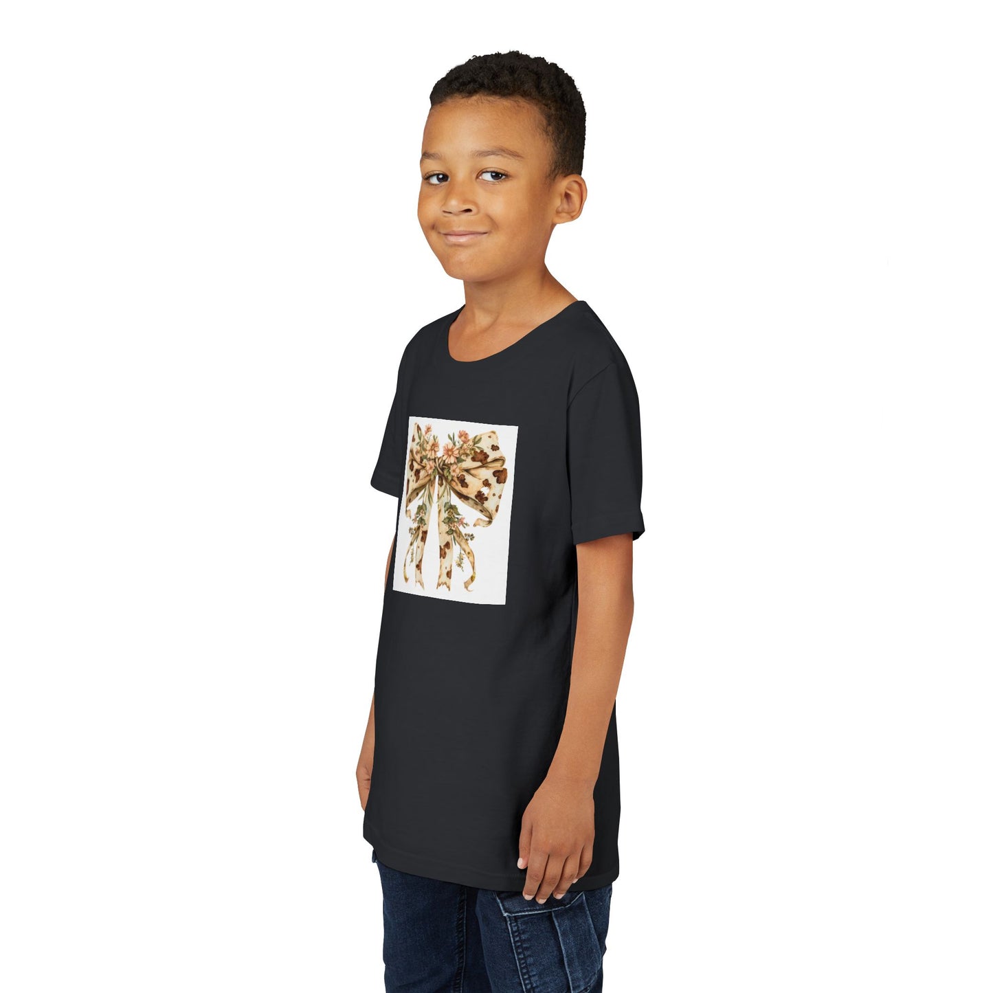Youth Tee - Country Style Cow Print Bow with Wildflowers - Cute Kids Short Sleeve Shirt