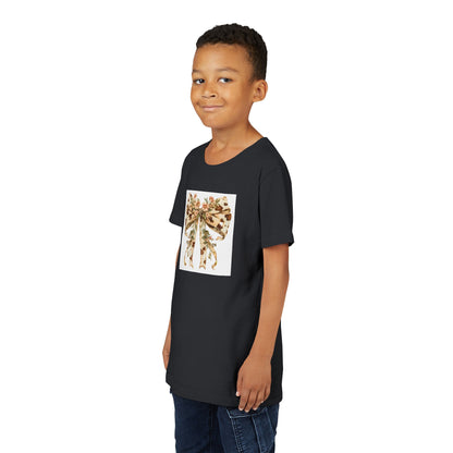 Youth Tee - Country Style Cow Print Bow with Wildflowers - Cute Kids Short Sleeve Shirt