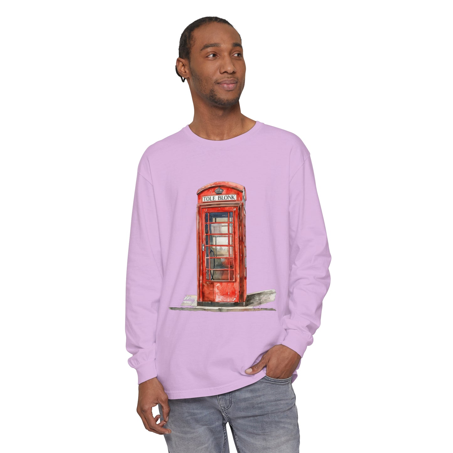 Unisex Garment-dyed Long Sleeve T-Shirt - Iconic British Public Telephone - Classic Red Phone Box