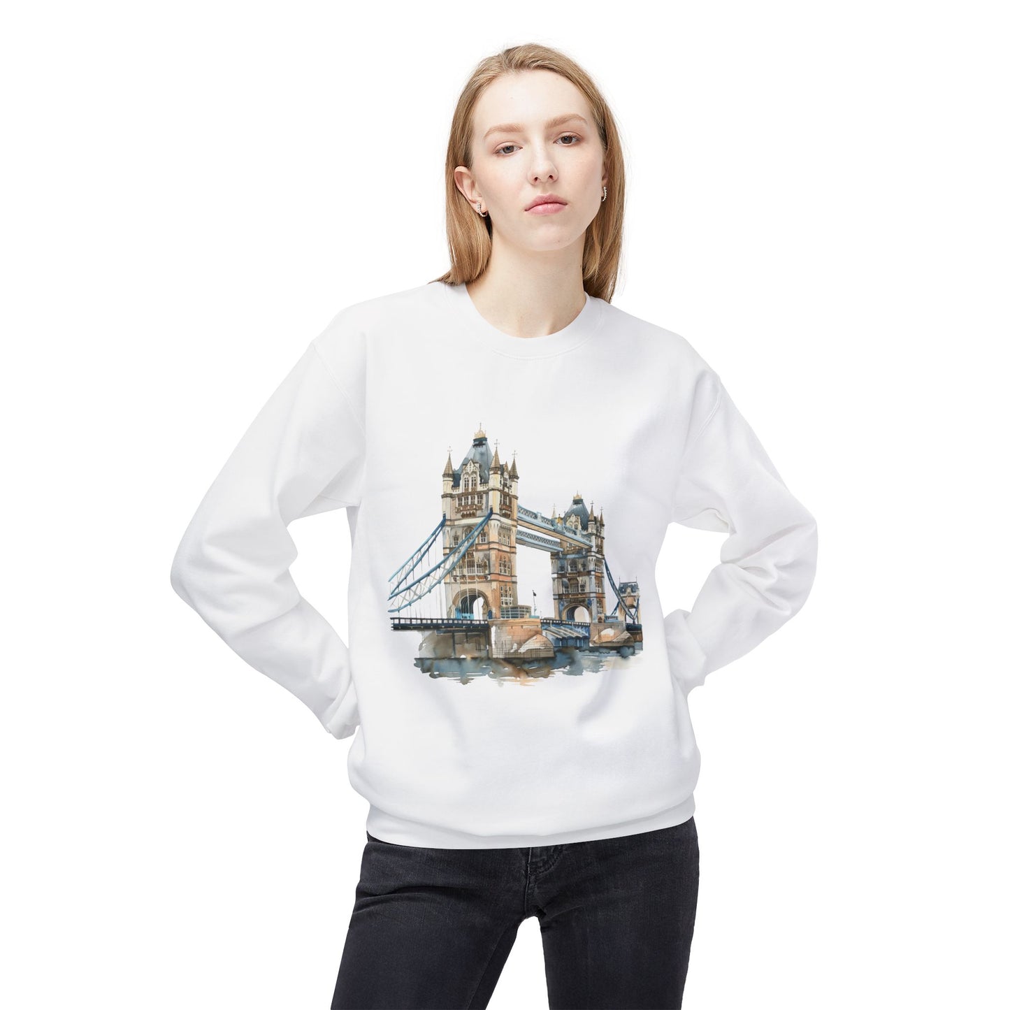 Unisex Midweight Softstyle Fleece Crewneck Sweatshirt - London Bridge - Iconic Landmark and Historical Beauty