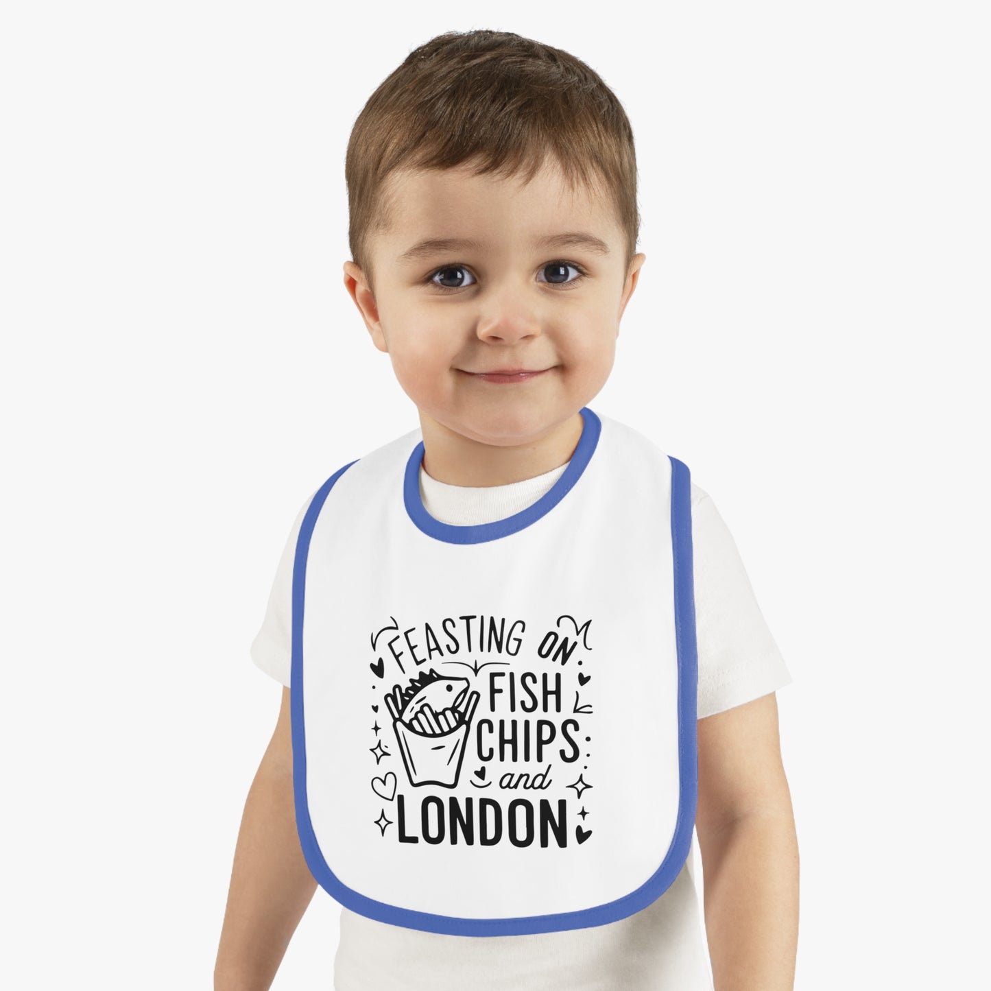Adorable Baby Bib - 'Feasting on Fish Chips and London' - Perfect for New Parents, Baby Showers, Birthdays, Travel, Gifts