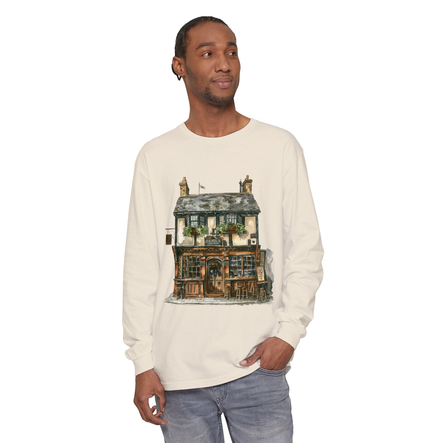 Unisex Garment-dyed Long Sleeve T-Shirt - Charming British House - Classic Design and Warmth