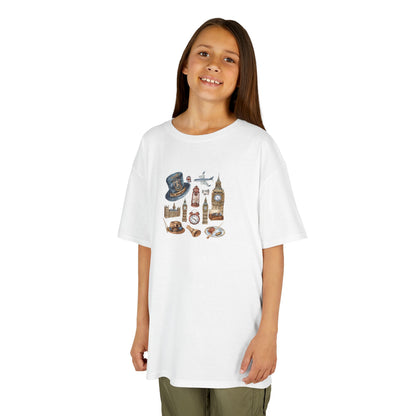 Kids  Tee - Watercolor England Icons Wall Art -  Fun Heavy Cotton Shirt for Travel Lovers
