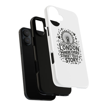 London Story Phone Case, Tough iPhone Cover, Gift for Travelers, London Souvenir, Black Typography Design