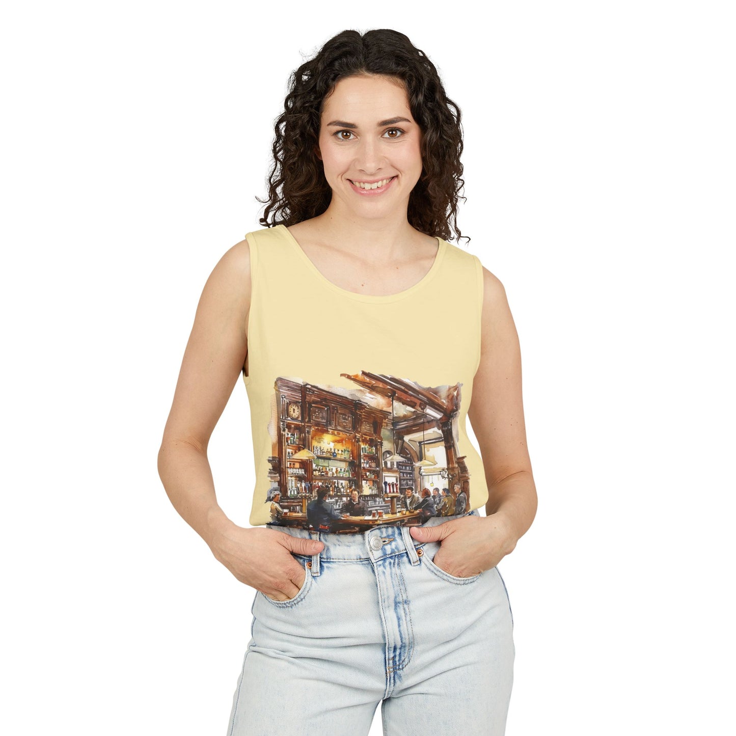 Unisex Garment-Dyed Tank Top - Cozy British Pub - London Watercolor Illustration