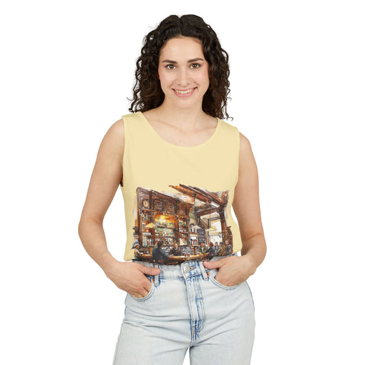 Unisex Garment-Dyed Tank Top - Cozy British Pub - London Watercolor Illustration