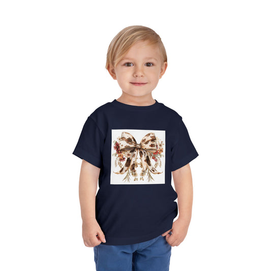 Toddler Short Sleeve Tee - Elegant Cowhide Ribbon Bow with Wildflower Bouquet - Cute Baby Tee for Playdates and Celebrations