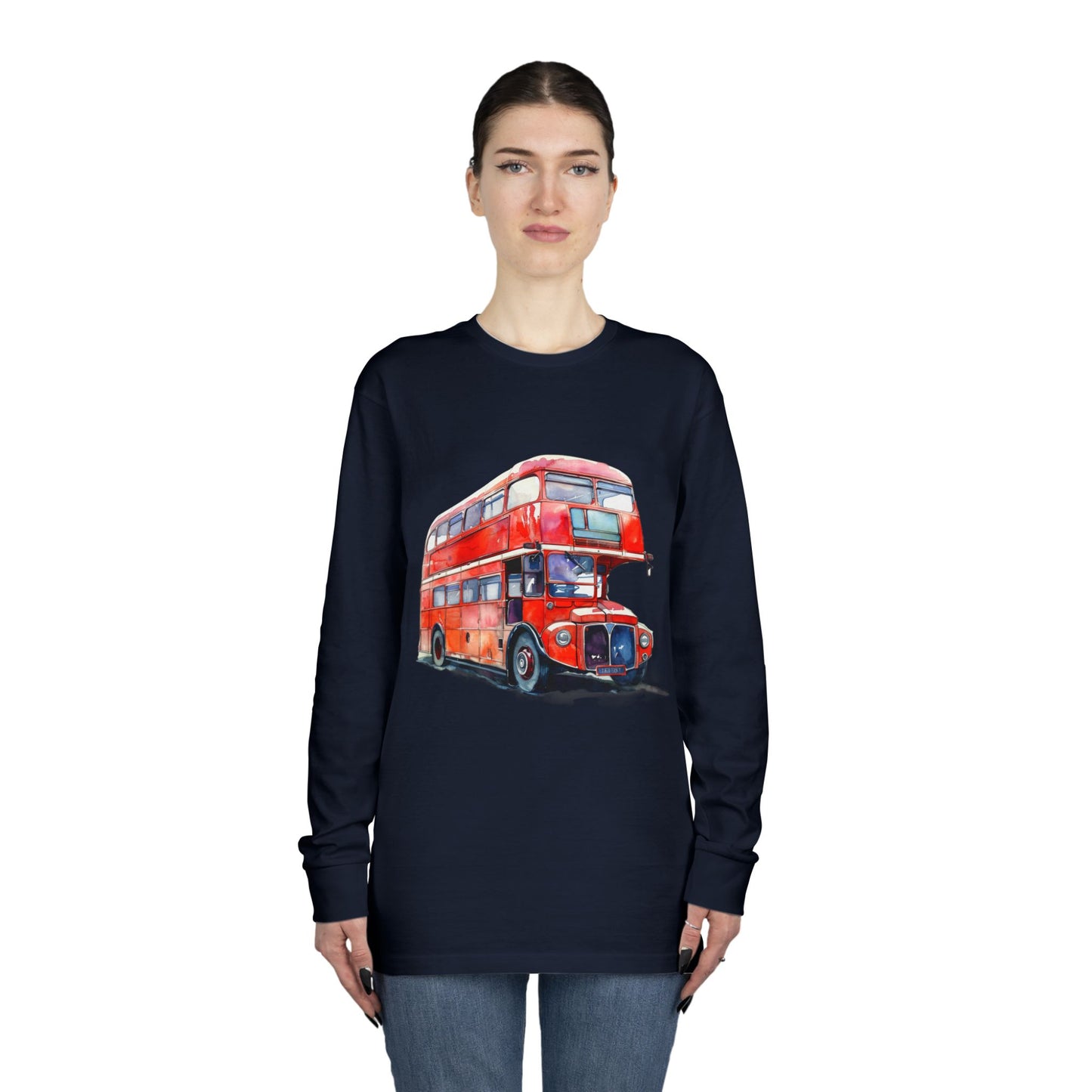 Long Sleeve Crewneck Tee - London Transport English Bus - Iconic Red Double-Decker Design