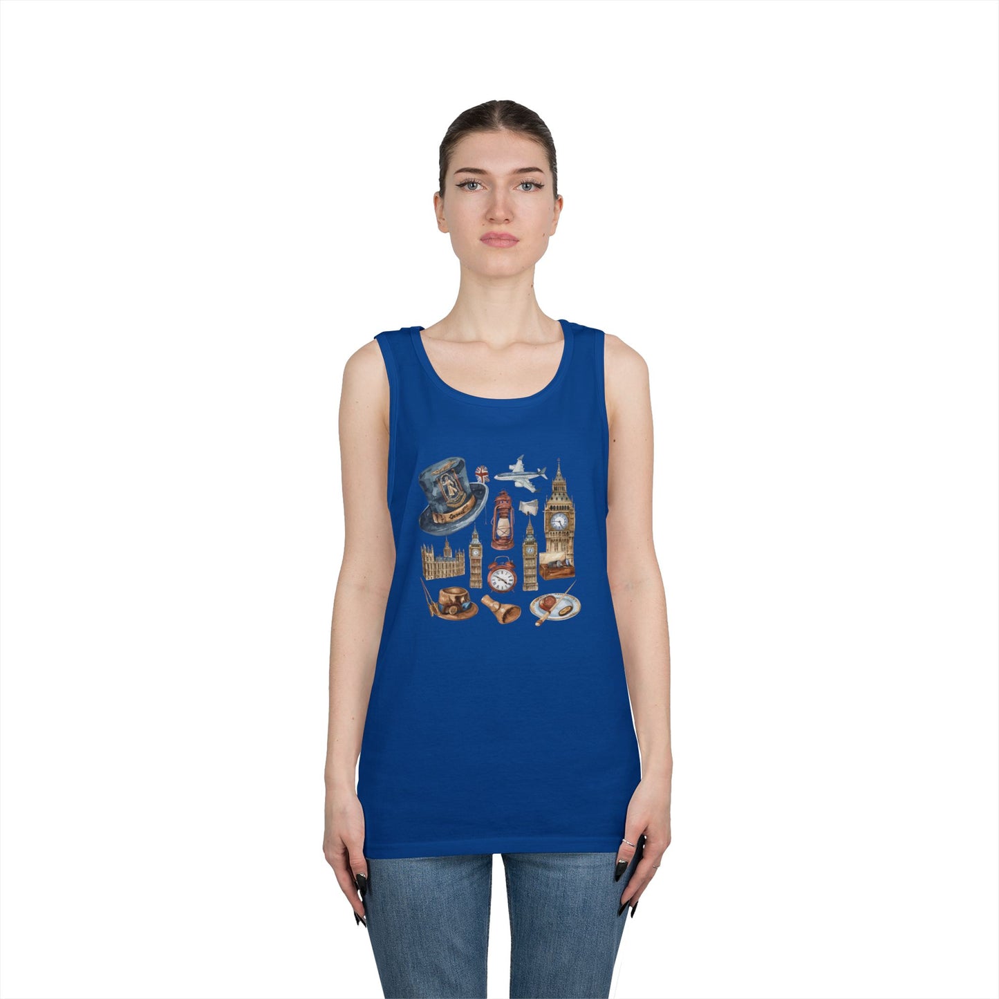 Unisex Heavy Cotton Tank Top - England Travel Icons Artistic Print