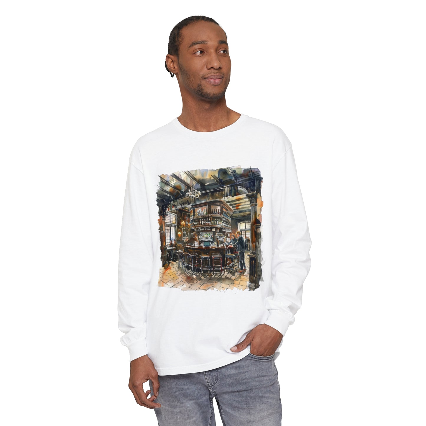 Unisex Garment-dyed Long Sleeve T-Shirt - Cozy British Pub