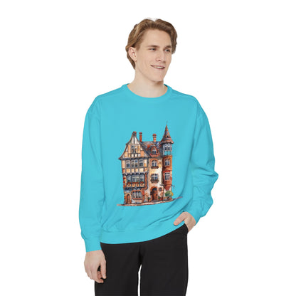 Unisex Garment-Dyed Sweatshirt - British Historic House - Classic Architectural Elegance
